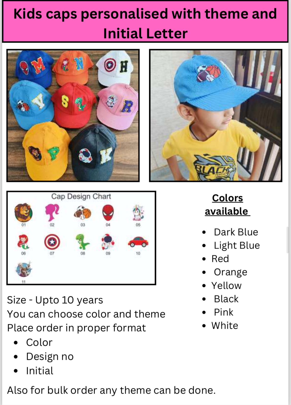 Kids caps personalised with theme and Initial Letter