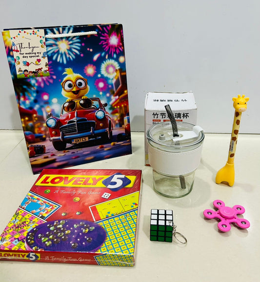 Glass sipper with lovely5 game hamper