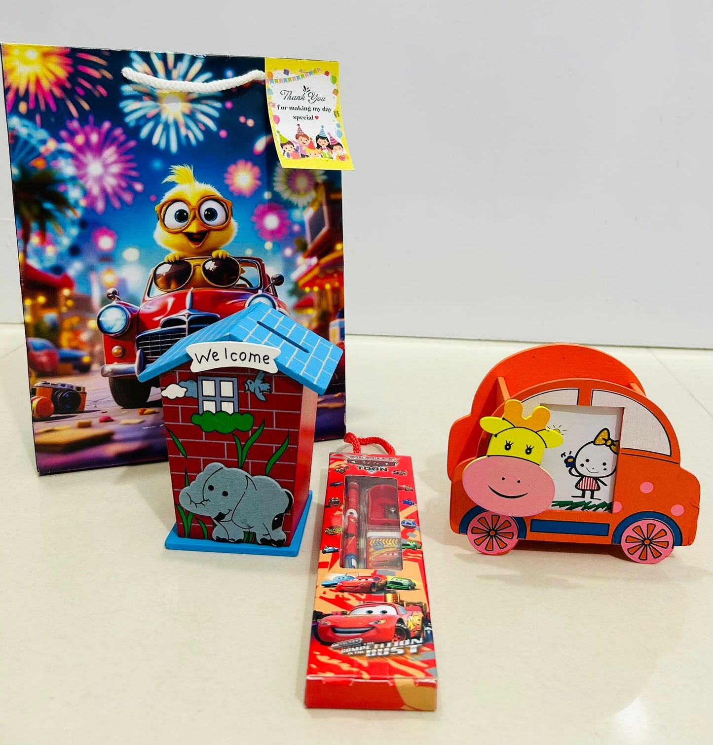 Wooden piggy and penstand with stationary hanper