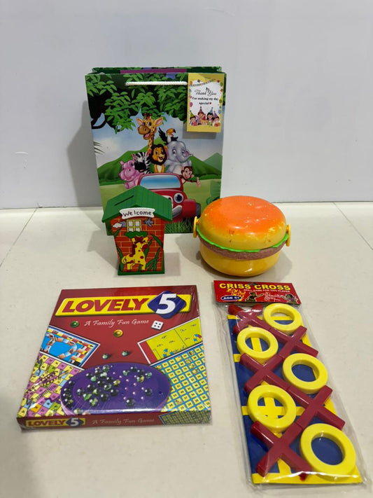 Burger box with games and piggy bank hamper