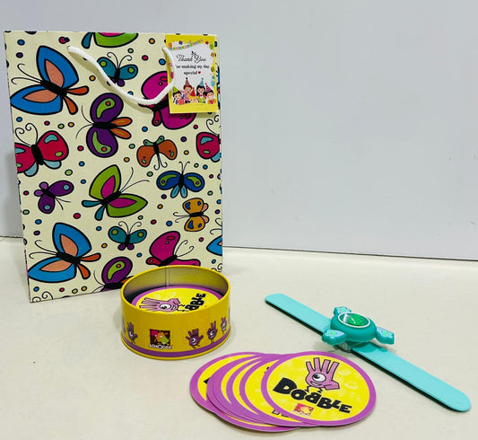 Dobble game with slap band hamper