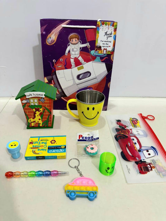 Wooden piggy bank with cup hamper