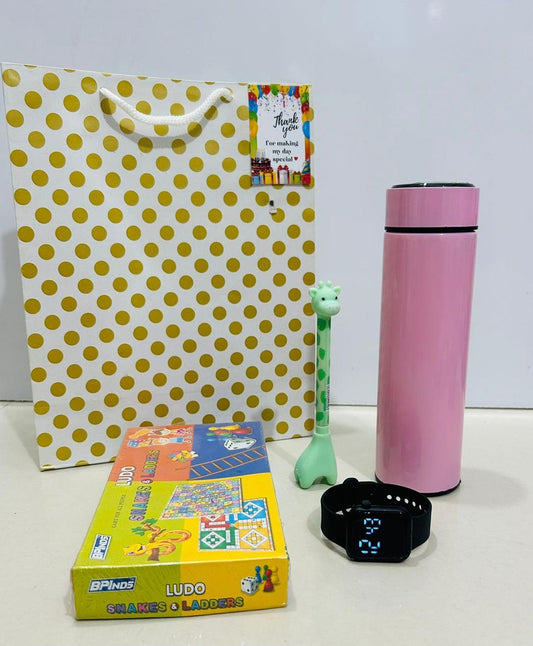 Temperature bottle with ludo game hamper
