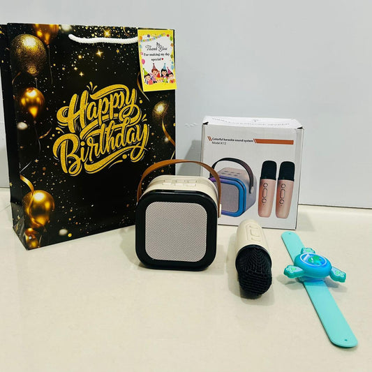 Karaoke mike speaker set and 3 in 1 slap band hamper