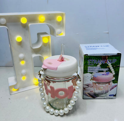 Pearl handle glass bottle with straw